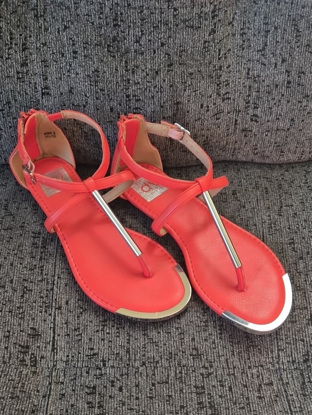 Dolce Vita Coral Red T-Strap Sandals with Silver Accent